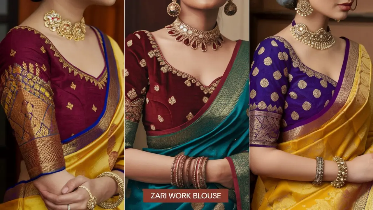 Zari Work Blouse Designs For Pattu Sarees